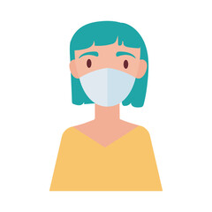 woman with hair blue wearing medical mask flat style