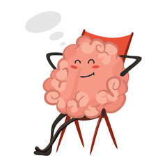 Brain character emotion. Brain character sits and dreams. Funny cartoon emoticon. Vector illustration isolated on white background