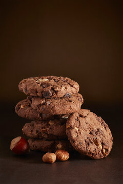 Stack of cookies with nuts on table