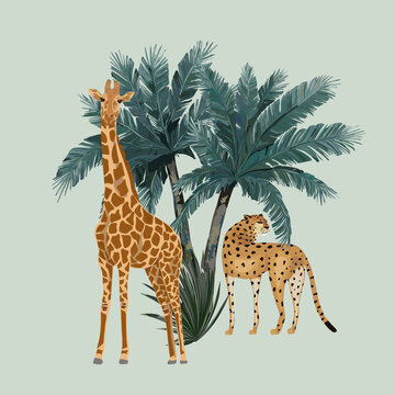 Animal Pattern With Leopard, Giraffe And Palm Trees. Vector Illustration. Vintage Print