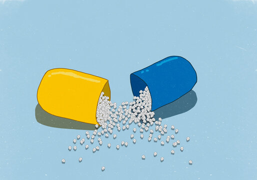 Illustrative image of skulls in open capsule on blue background