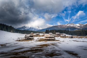 Small village on Pokljuka plateau in Slovenia. Planina Zajavornik with wooden cottages in winter season. Landscape and Alps mountains covered with white snow. Amazing beautiful nature
