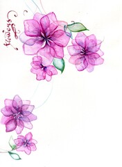 Fototapeta na wymiar pink flower background Watercolor flowers template frame vignette invitation illustration