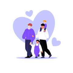 Flat illustration of a queer family. Gay couple walking with kids. Hearts on the background. Pride month concept