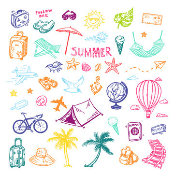 Hand drawn summer holiday, vacation icons set. Doodle Travel collection.