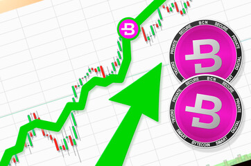 Bytecoin going up; Bytecoin BCN cryptocurrency price up; flying rate up success growth price chart (place for text, price)
