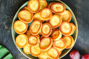 pancakes cereal Mini sweet breakfast snack or dessert Menu concept serving. food background top view copy space for text organic