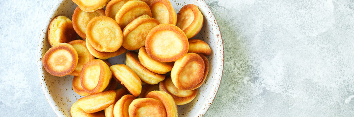 pancakes cereal Mini sweet breakfast snack or dessert Menu concept serving. food background top view copy space for text organic