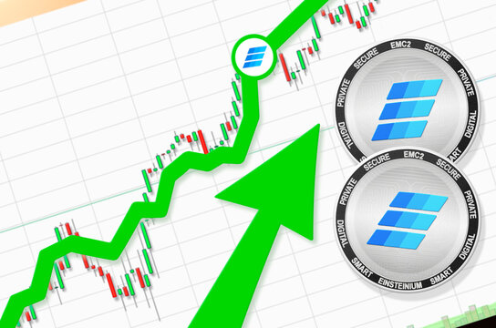 Einsteinium going up; Einsteinium EMC2 cryptocurrency price up; flying rate up success growth price chart (place for text, price)
