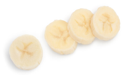 peeled banana pieces isolated on white background with clipping path and full depth of field. Top view. Flat lay.