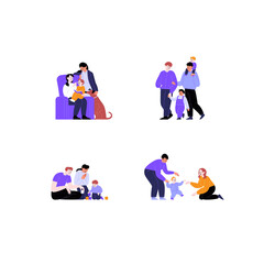 Collection of flat illustrations of different couples and families with and without kids. Pride month concept