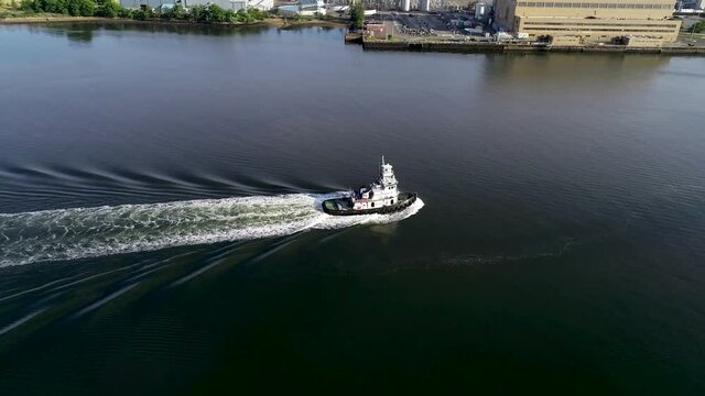 Aerial view of a tugboat on the Arthur Kill