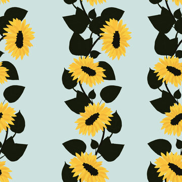 Seamless pattern with yellow sunflowers and green leaves. Bouquets with sunflowers. Sunflowers on a blue background.