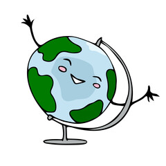 Cute merry cartoon globe character waving hand. Vector doodle illustration isolated on white background. Design characters for posters, cards, prints, apparel, clothes, t-shirt