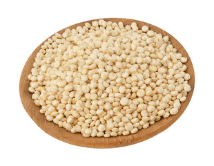 white quinoa seeds in wooden bowl isolated on white background with clipping path and full depth of field