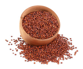 red quinoa seeds in wooden bowl isolated on white background with clipping path and full depth of field