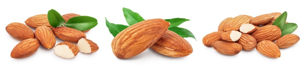 Almonds nuts with leaves isolated on white background with clipping path and full depth of field. Set or collection