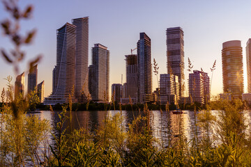 Humber Bay modern skyscrapers at sunset