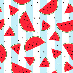 Seamless Watermelon slice pattern. Flat Sweet fresh fruit on white blue striped background. Colorful bright summer food. Red cut melon with seeds. Vector illustration for prints, wallpapers, clothes