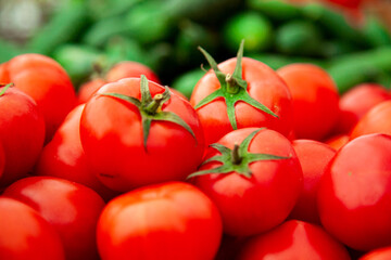 Red tomatoes with green cucumbers behind