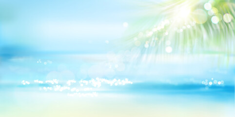 Sandy beach with palm tree in summer. Waves on the seashore. Sunrise over the sea. Vector illustration.