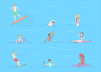 Happy people in swimwear doing water activity vector cartoon outline illustration. Men and women diving, surfing, kiting, swimming, playing water polo in the sea, or ocean. Summer vacation concept.