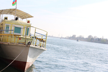 Old roar boat on River. Azerbaijan