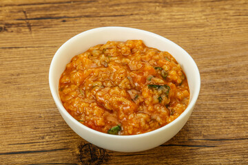 Traditional Georgian Kharcho soup with meat