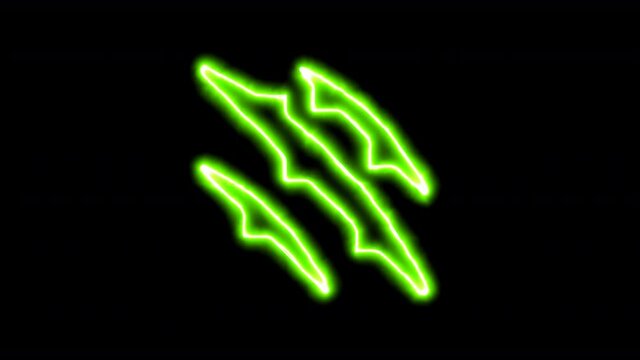 The appearance of the green neon symbol claw marks. Flicker, In - Out. Alpha channel Premultiplied - Matted with color black