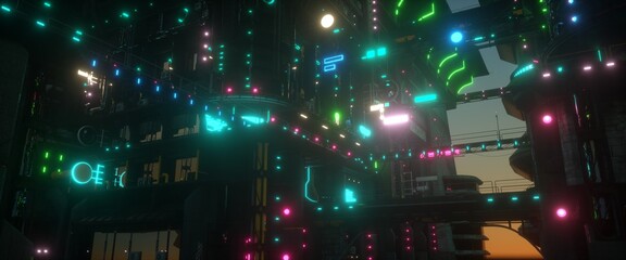 Fototapeta na wymiar Neon urban future. Futuristic city in a cyberpunk style. Industrial landscape with bright neon lights and huge futuristic buildings. 3D illustration.