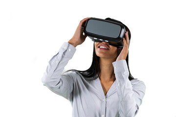 Mixed race business woman wearing a Virtual Reality headset