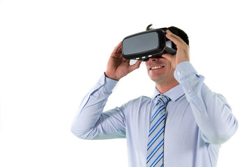 Caucasian businessman wearing a Virtual Reality headset