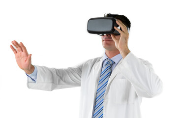 Caucasian businessman wearing a Virtual Reality headset