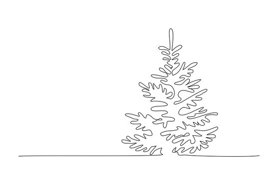 Pine fir trees in a forest. Continuous one line drawing