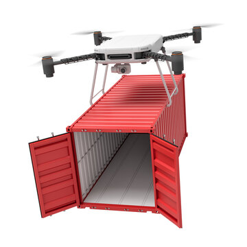 3d rendering of drone lifting opened red shipping container isolated on white background