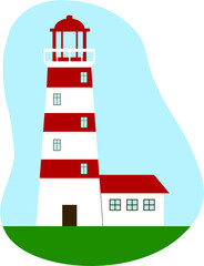 Lighthouse in red and white stripes with the house