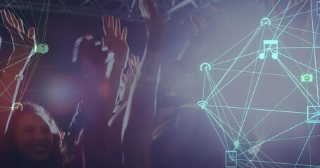 Digital composite video of digital social media interface icons against people dancing in concert