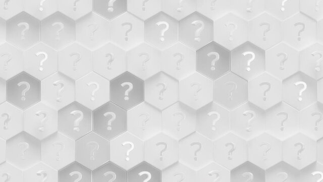 Question Marks Hexagon Surface Loop 1 Gray x White: clean, elegant animation of question marks over hexagon shapes. Hexagonal grid pattern background in modern clean white and grey. 4K