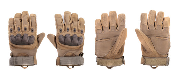 Military gloves, tactical gloves, protective gloves isolated white background. Hunting Full Finger Gloves isolated on white background.