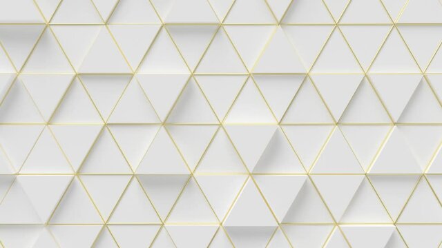 Elegant Triangles Surface Loop 1 Gold x White: group of many white triangles over a gold yellow grid. Abstract triangular background. Elegant luxury. Glossy look. Seamless loop. 4K