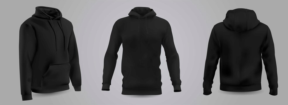 Black men's hooded sweatshirt mockup in front, back and side view, isolated on a gray background. 3D realistic vector illustration, pattern formal or casual sweatshirt.