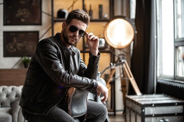 Handsome young man in leather jacket looking away while sitting on the stool