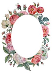 Watercolor frame of flowers. Peonies and roses on white background. Copy space for greeting message. Mothers day, easter, wedding, 8 march, birthday, valentines day, springtime background. 
