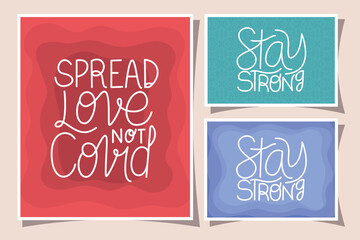 lettering frames set design of Happiness positivity and covid 19 virus theme Vector illustration