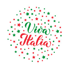 Fototapeta na wymiar Viva Italia calligraphy hand lettering with red green stars and dots. Long Live Italy in Italian. Vector template for typography poster, banner, flyer, sticker, t-shirt, postcard, logo design, etc.
