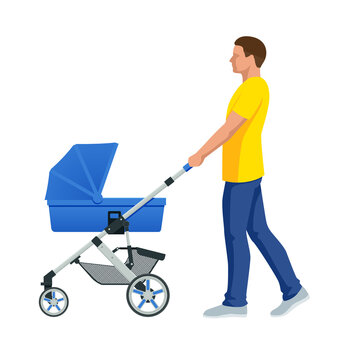 Baby carriage isolated on a white background. Kids transport. Strollers for baby boys or baby girls. Man with baby stroller walks. Theme of motherhood and fatherhood
