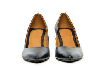 Two stylish female shoes on white background.