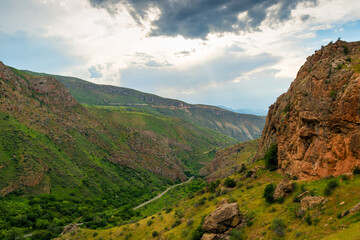 Panoramic view of the valley at the foot of Noravank Monastery in Armenia