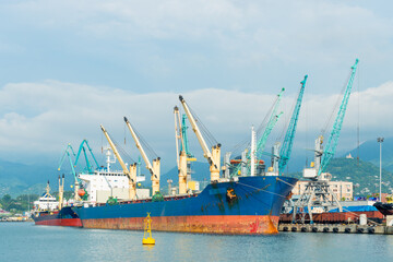 Cargo ship and cargo cranes in the port of a large city at sea
