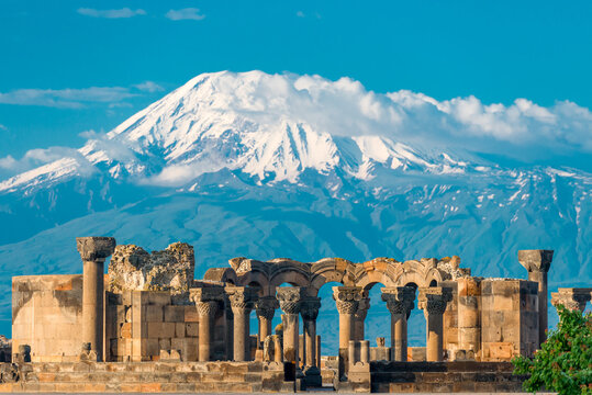 High snowy Ararat and the ruins of Zvartnots temple a landmark of Armenia